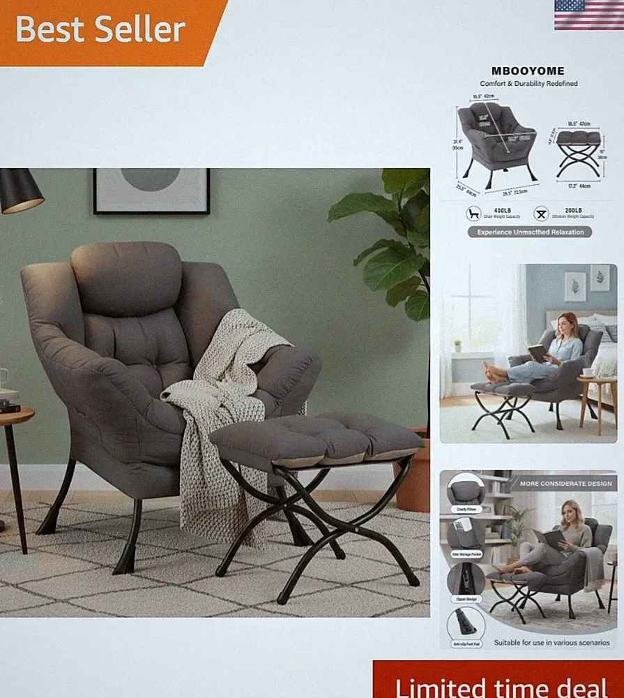 Lazy Chair with Ottoman, Modern Accent Lounge Armchair with Armrests and a Si...