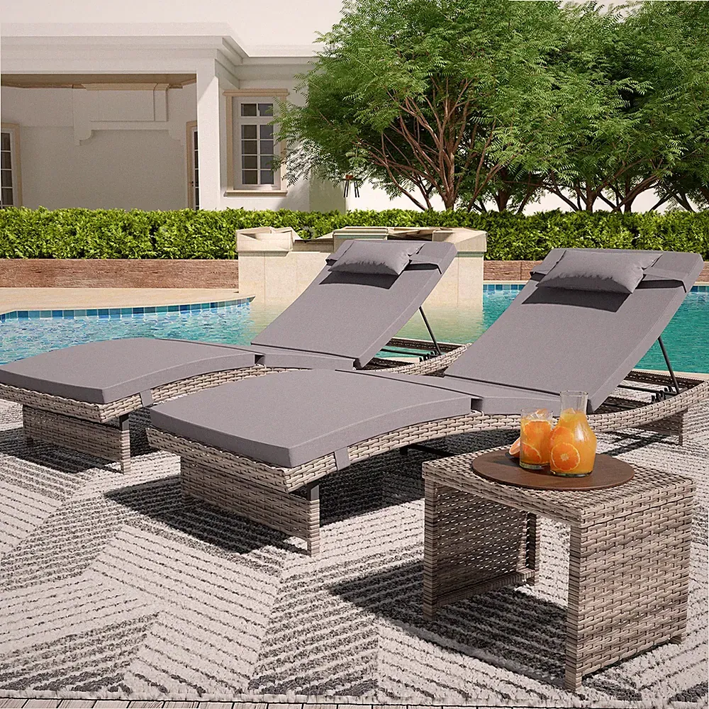 Long Reclining Chair Lounge Set of 3, Adjustable Backrest & Side Table, Grey