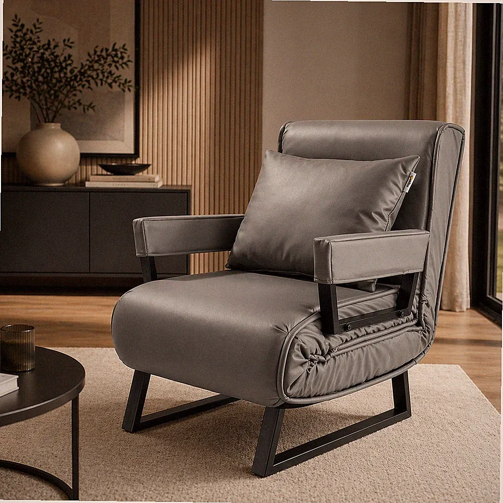 Makika Sofa Bed Recliner Chair Folding Armchair with Pillow PU Leather Grey