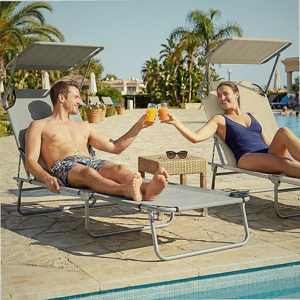 Reclining Sun Lounger Chair Folding Recliner Garden Adjustable Patio W/ Sunshade